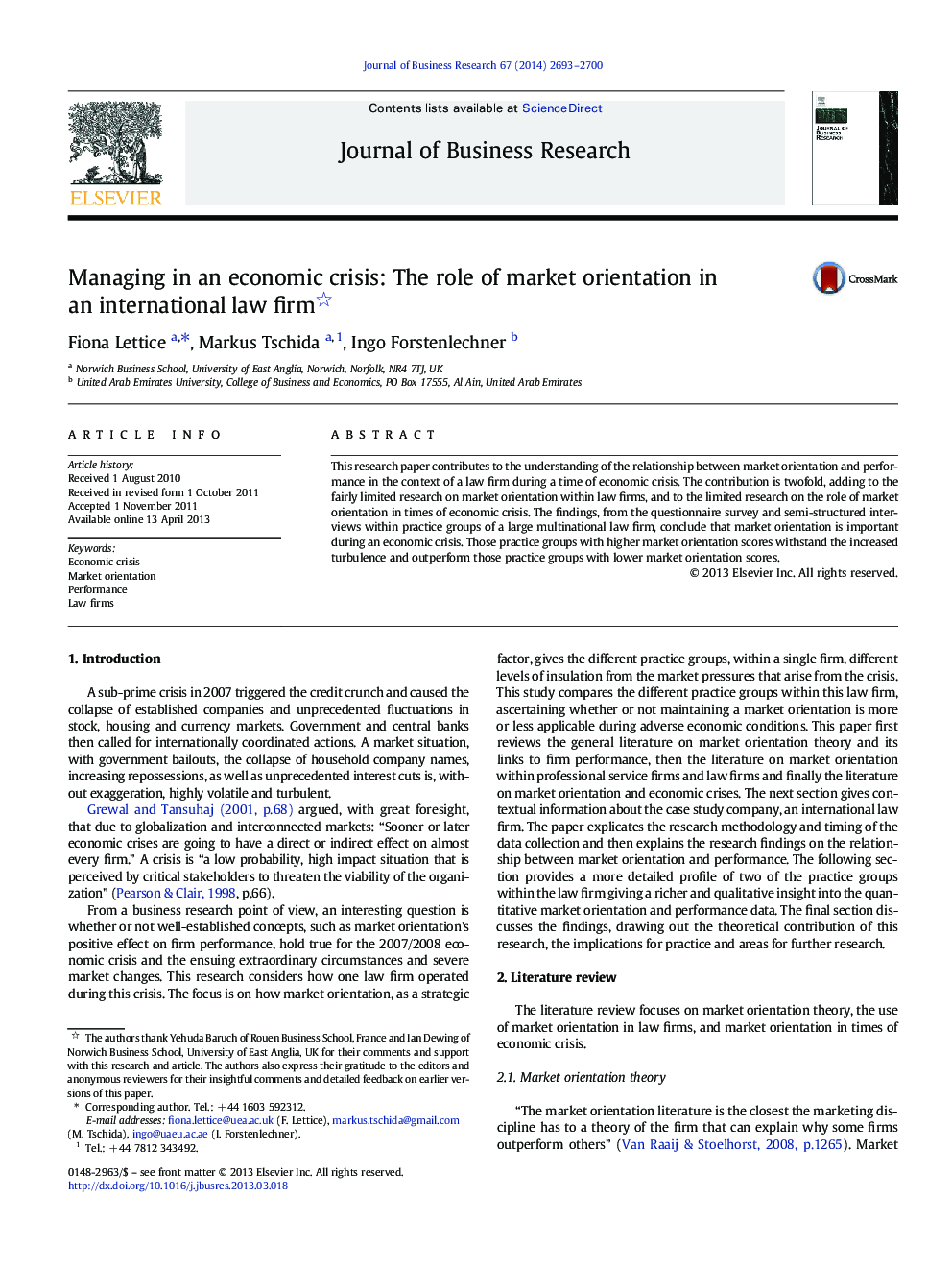 Managing in an economic crisis: The role of market orientation in an international law firm 