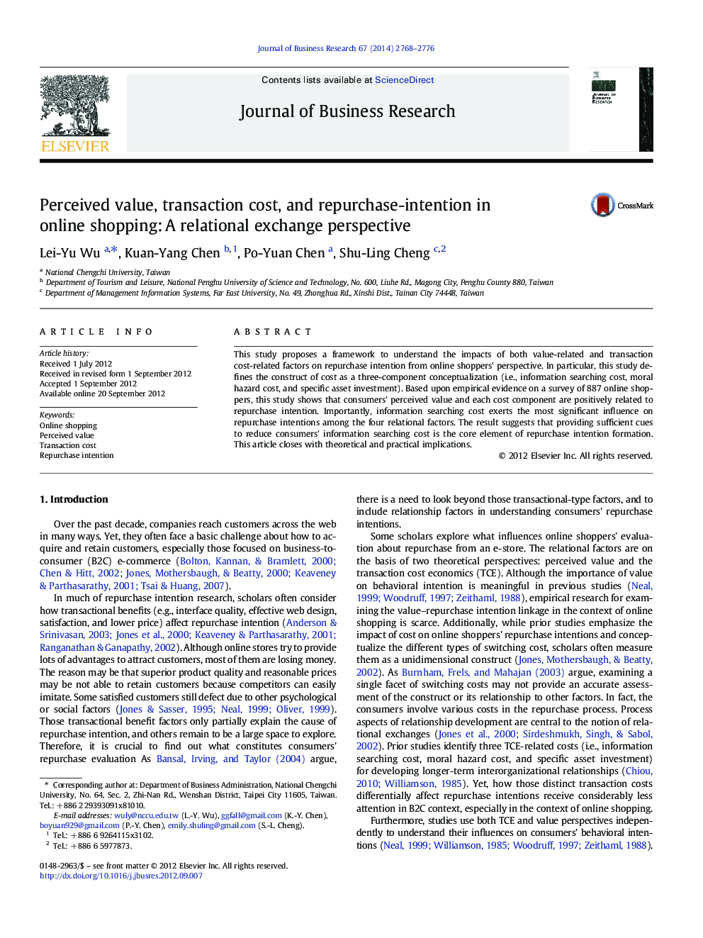 Perceived value, transaction cost, and repurchase-intention in online shopping: A relational exchange perspective