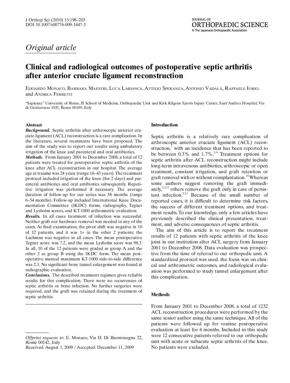 عکس صفحه اول مقاله: Clinical and radiological outcomes of postoperative septic arthritis after anterior cruciate ligament reconstruction Clinical and radiological outcomes of postoperative septic arthritis after anterior cruciate ligament reconstruction