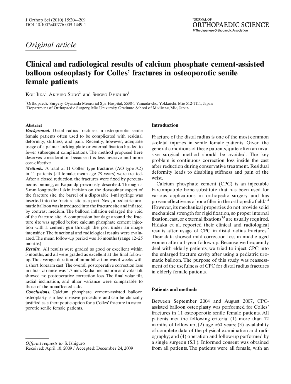 عکس صفحه اول مقاله: Clinical and radiological results of calcium phosphate cement-assisted balloon osteoplasty for Colles' fractures in osteoporotic senile female patients Clinical and radiological results of calcium phosphate cement-assisted balloon osteoplasty for Colles' fractures in osteoporotic senile female patients