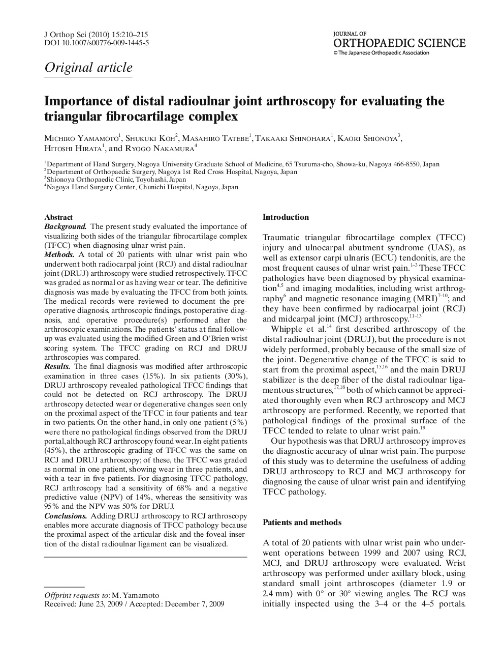 عکس صفحه اول مقاله: Importance of distal radioulnar joint arthroscopy for evaluating the triangular fibrocartilage complex Importance of distal radioulnar joint arthroscopy for evaluating the triangular fibrocartilage complex