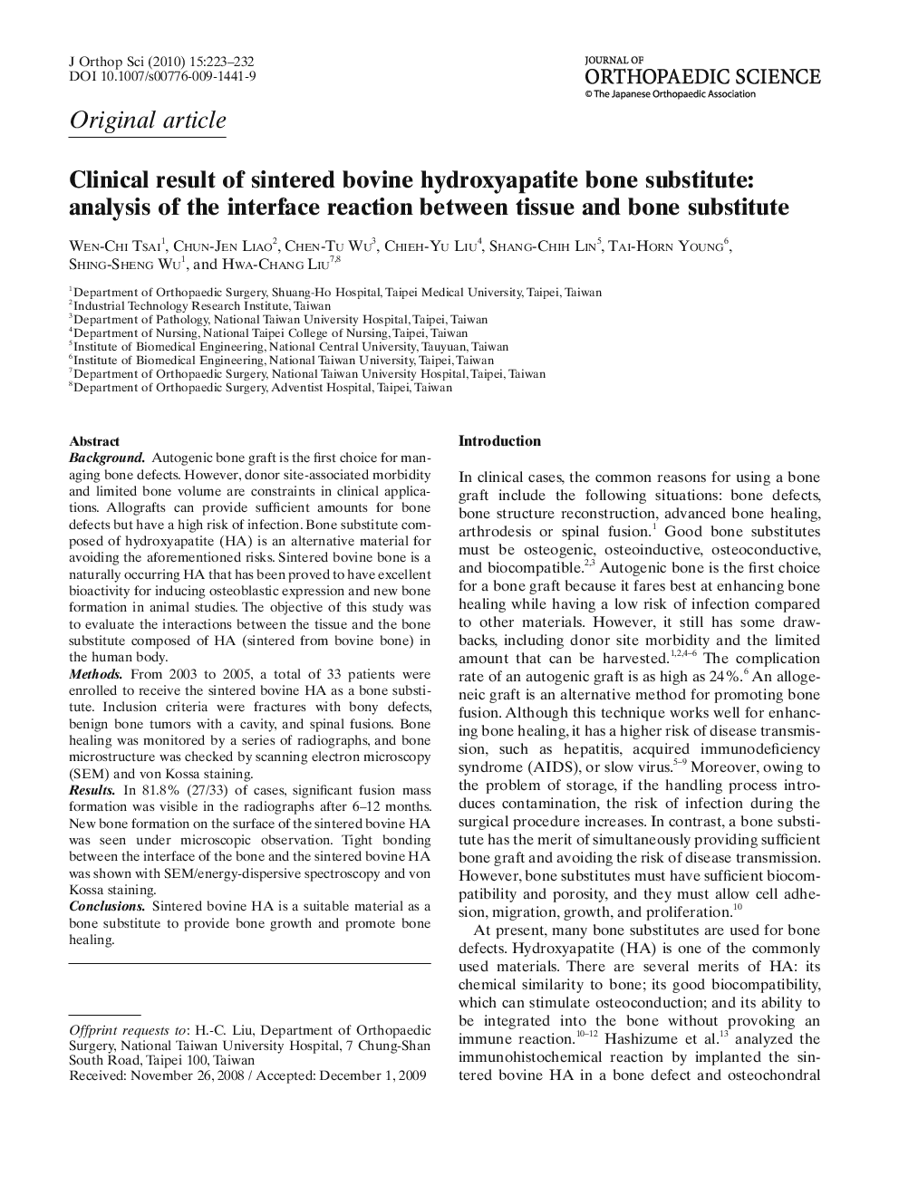 عکس صفحه اول مقاله: Clinical result of sintered bovine hydroxyapatite bone substitute: analysis of the interface reaction between tissue and bone substitute Clinical result of sintered bovine hydroxyapatite bone substitute: analysis of the interface reaction between tissue and bone substitute
