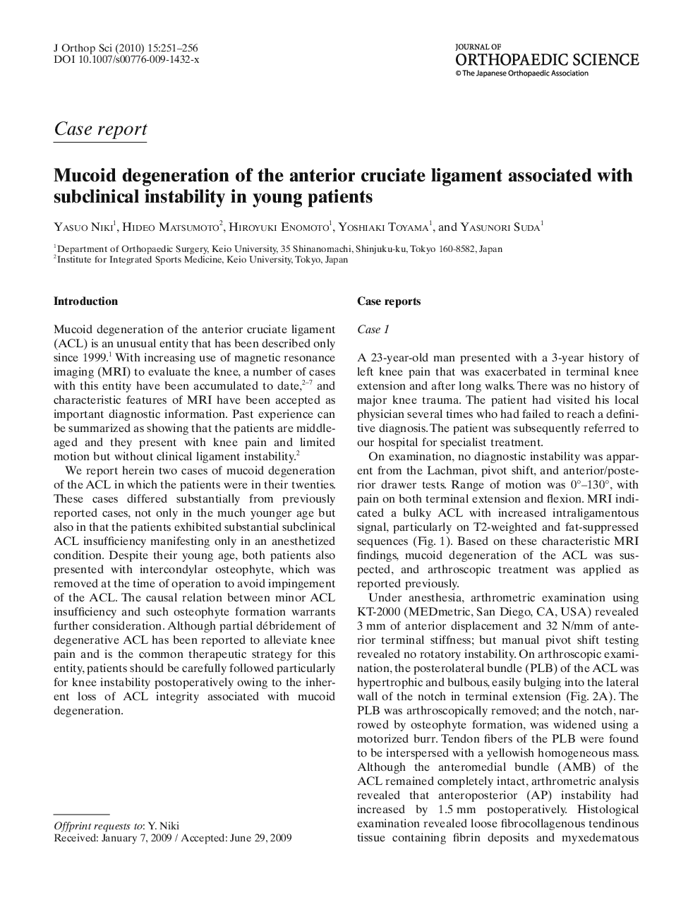 عکس صفحه اول مقاله: Mucoid degeneration of the anterior cruciate ligament associated with subclinical instability in young patients Mucoid degeneration of the anterior cruciate ligament associated with subclinical instability in young patients