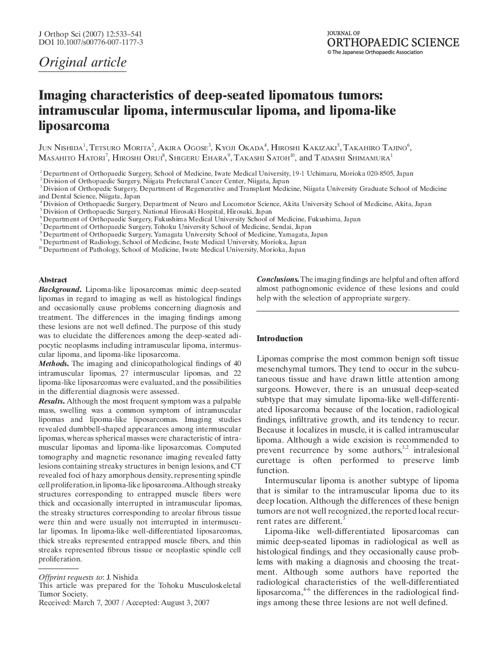عکس صفحه اول مقاله: Imaging characteristics of deep-seated lipomatous tumors: intramuscular lipoma, intermuscular lipoma, and lipoma-like liposarcoma Imaging characteristics of deep-seated lipomatous tumors: intramuscular lipoma, intermuscular lipoma, and lipoma-like liposarcoma