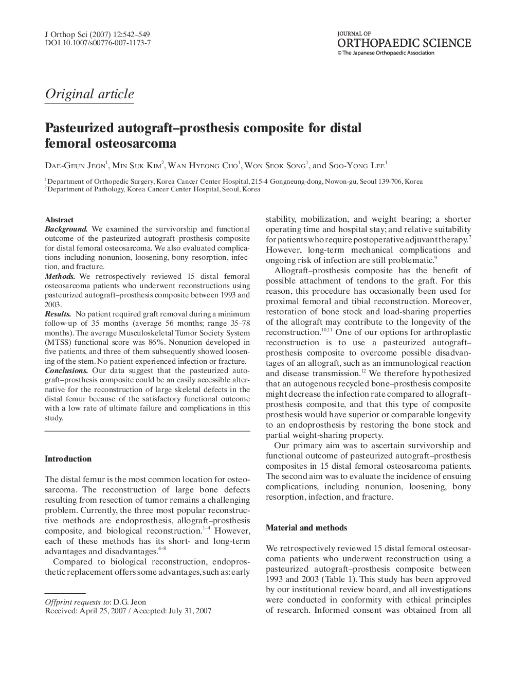 Pasteurized autograft-prosthesis composite for distal femoral osteosarcoma