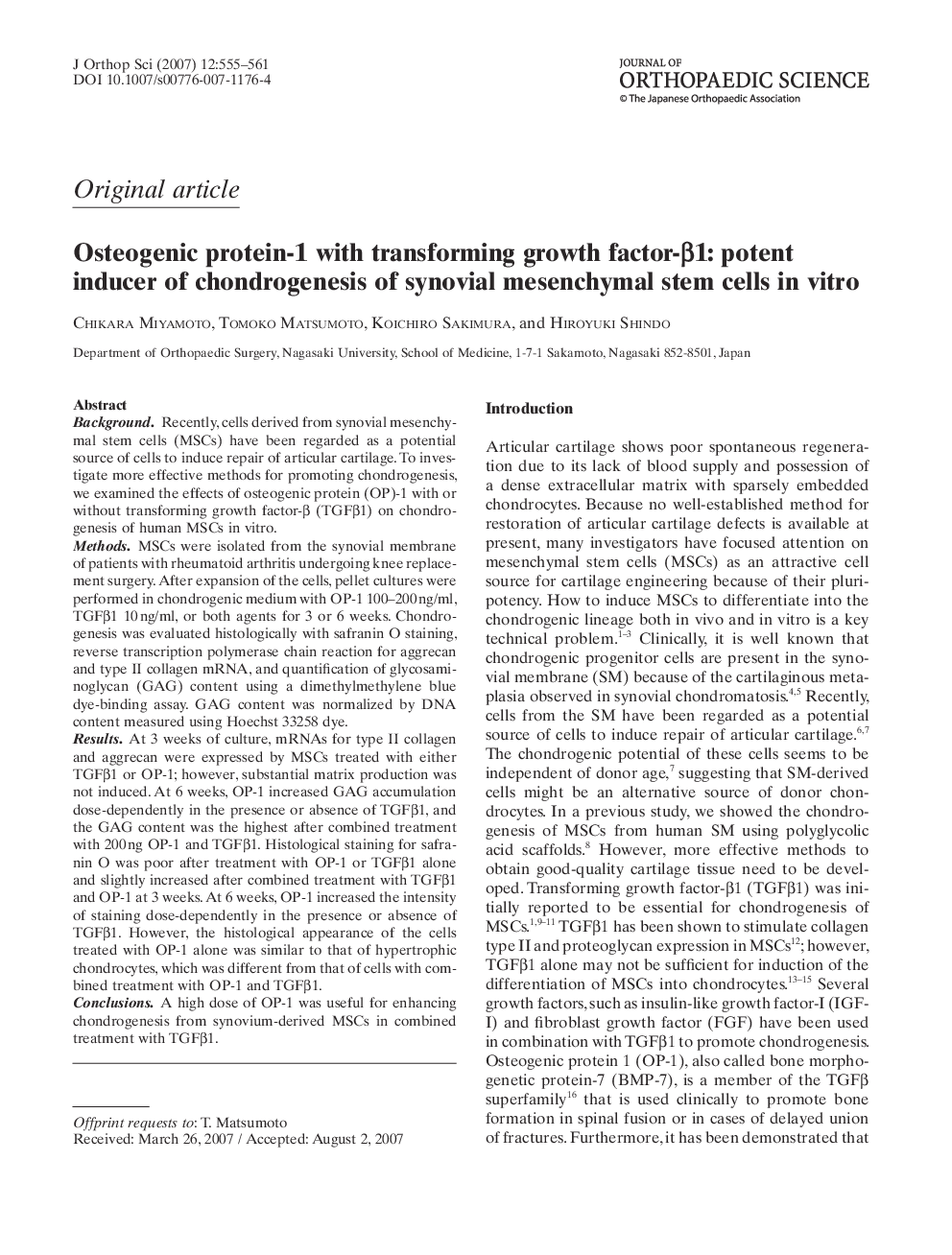 Osteogenic protein-1 with transforming growth factor-Î²1: potent inducer of chondrogenesis of synovial mesenchymal stem cells in vitro