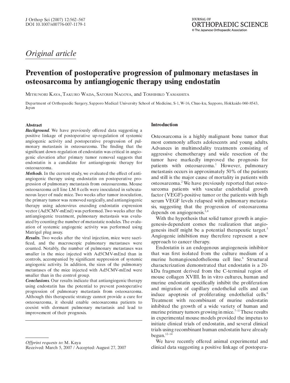 Prevention of postoperative progression of pulmonary metastases in osteosarcoma by antiangiogenic therapy using endostatin