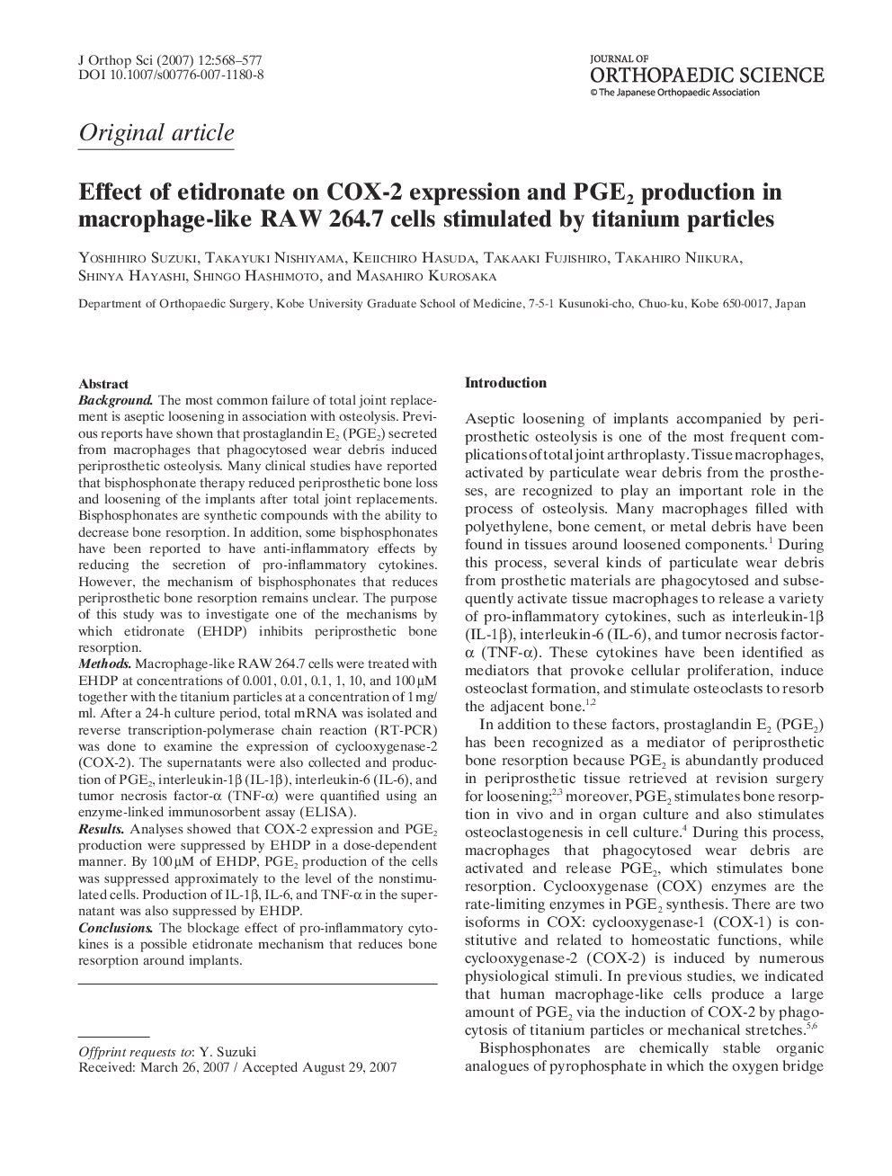 Effect of etidronate on COX-2 expression and PGE2 production in macrophage-like RAW 264.7 cells stimulated by titanium particles