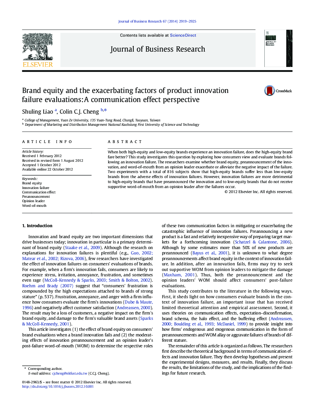 Brand equity and the exacerbating factors of product innovation failure evaluations: A communication effect perspective