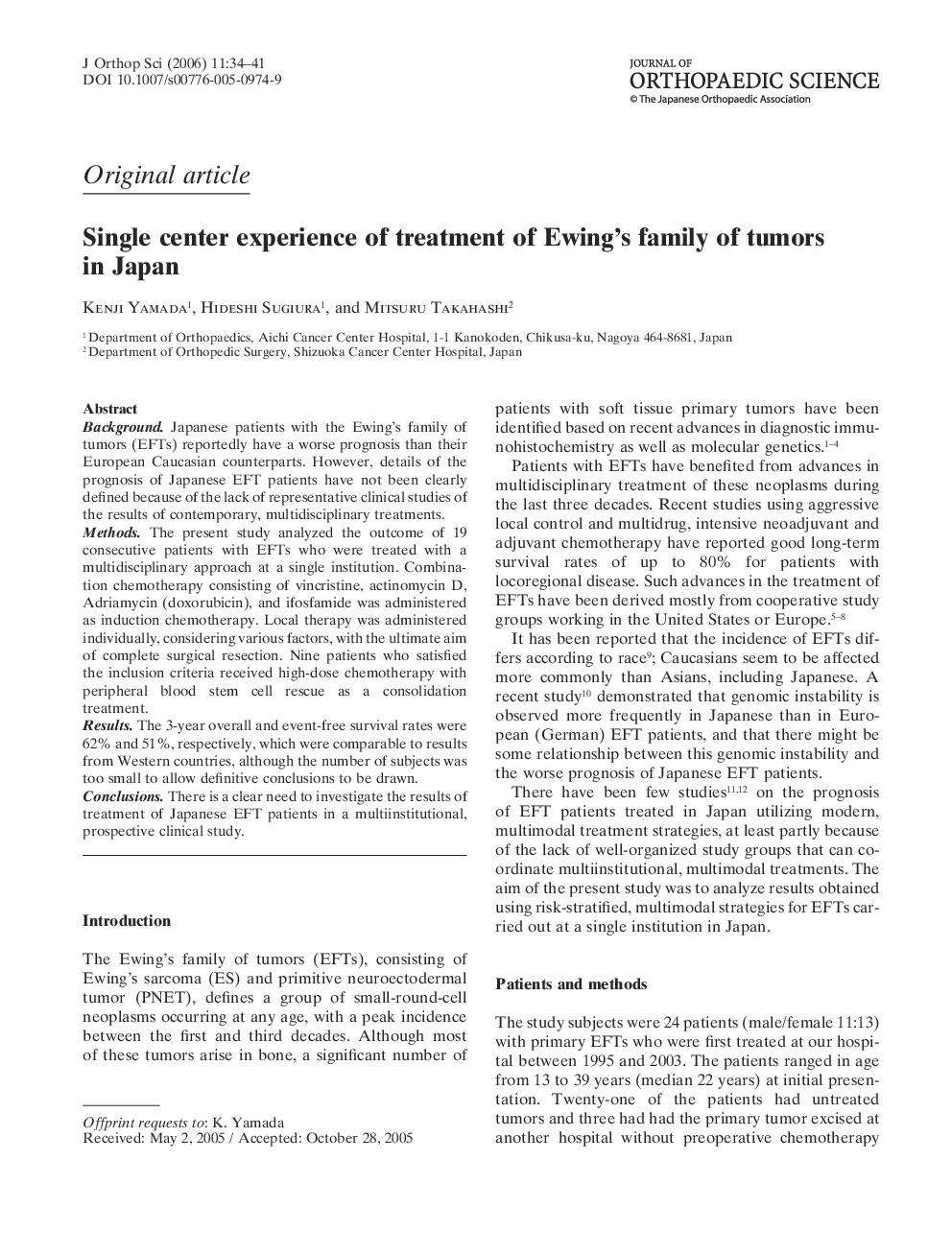 Single center experience of treatment of Ewing's family of tumors in Japan