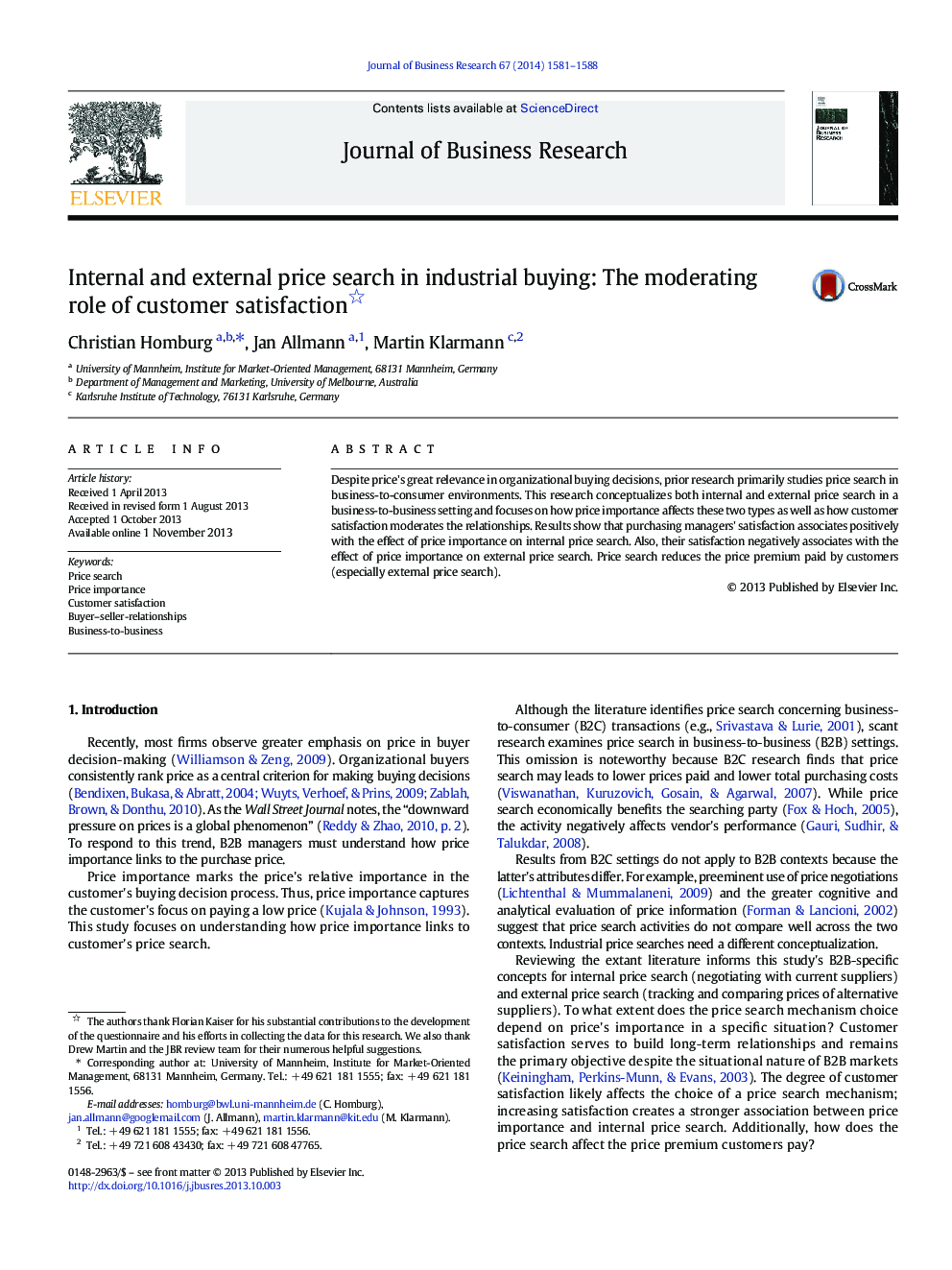 Internal and external price search in industrial buying: The moderating role of customer satisfaction 