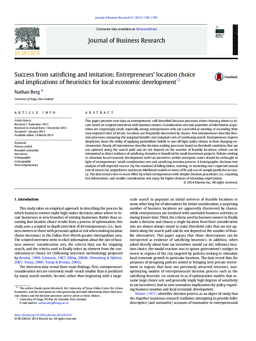 Success from satisficing and imitation: Entrepreneurs' location choice and implications of heuristics for local economic development 