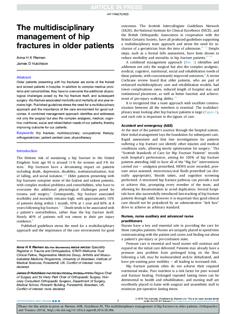 The multidisciplinary management of hip fractures in older patients