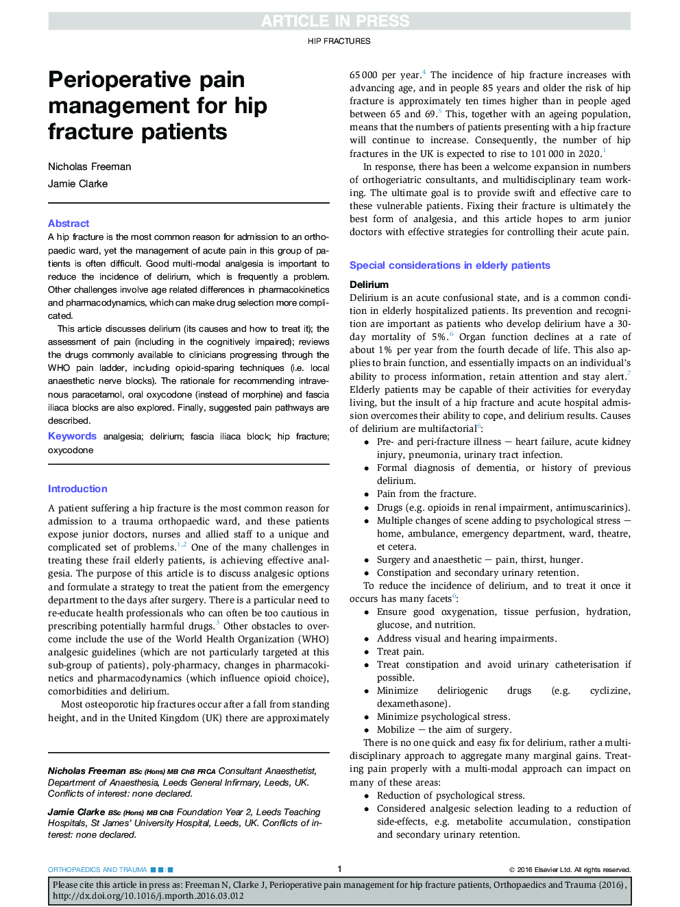 Perioperative pain management for hip fracture patients