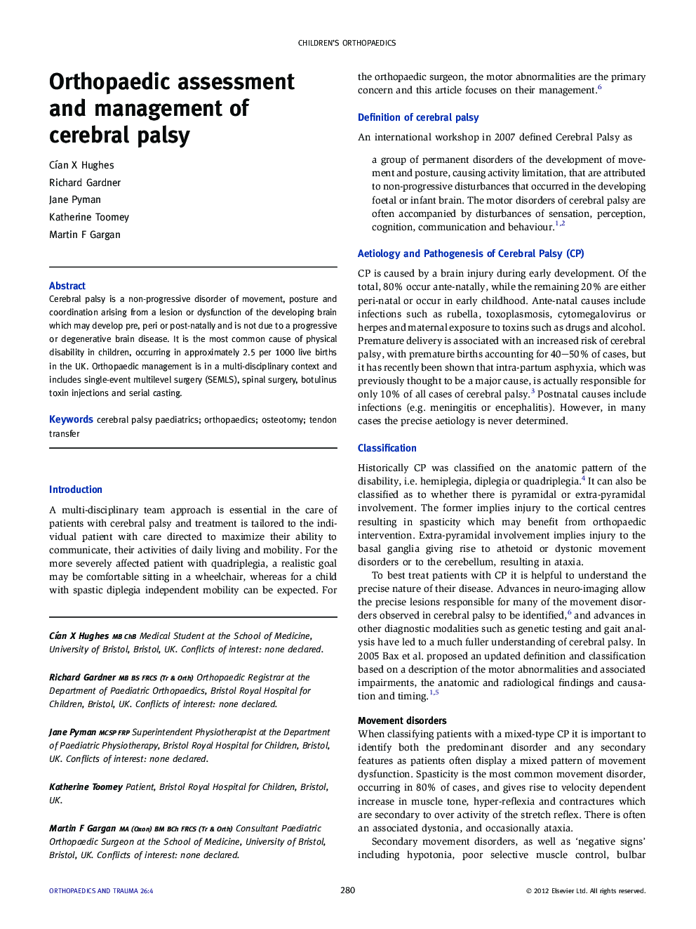 Orthopaedic assessment and management of cerebral palsy