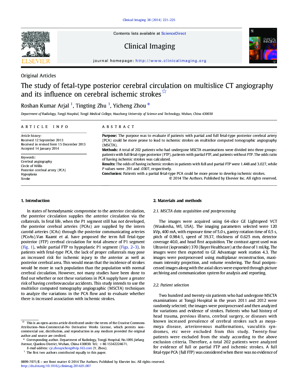 The study of fetal-type posterior cerebral circulation on multislice CT angiography and its influence on cerebral ischemic strokes