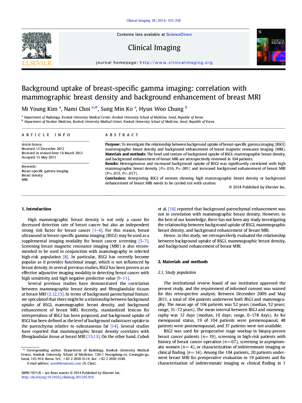 Background uptake of breast-specific gamma imaging: correlation with mammographic breast density and background enhancement of breast MRI