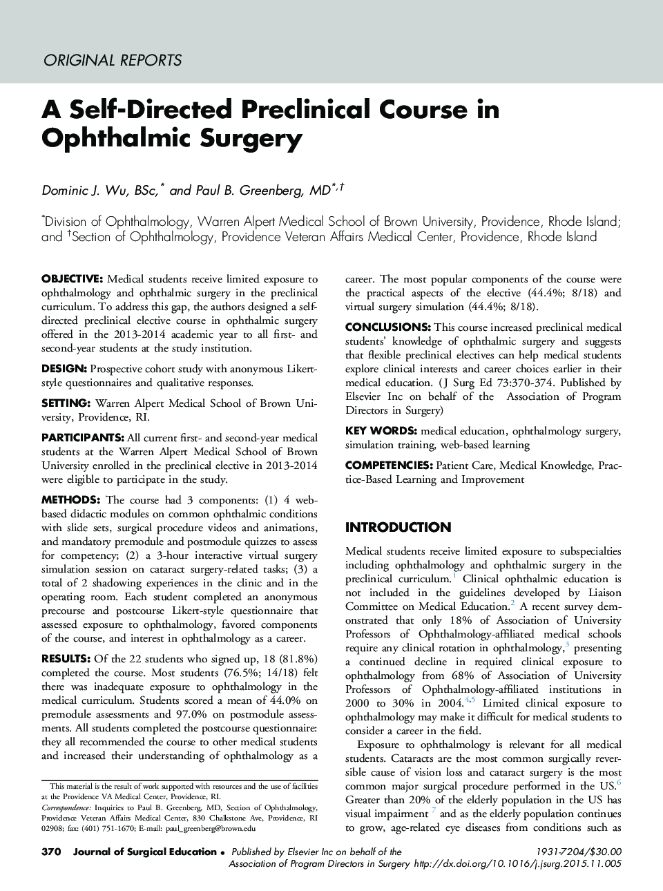 A Self-Directed Preclinical Course in Ophthalmic Surgery