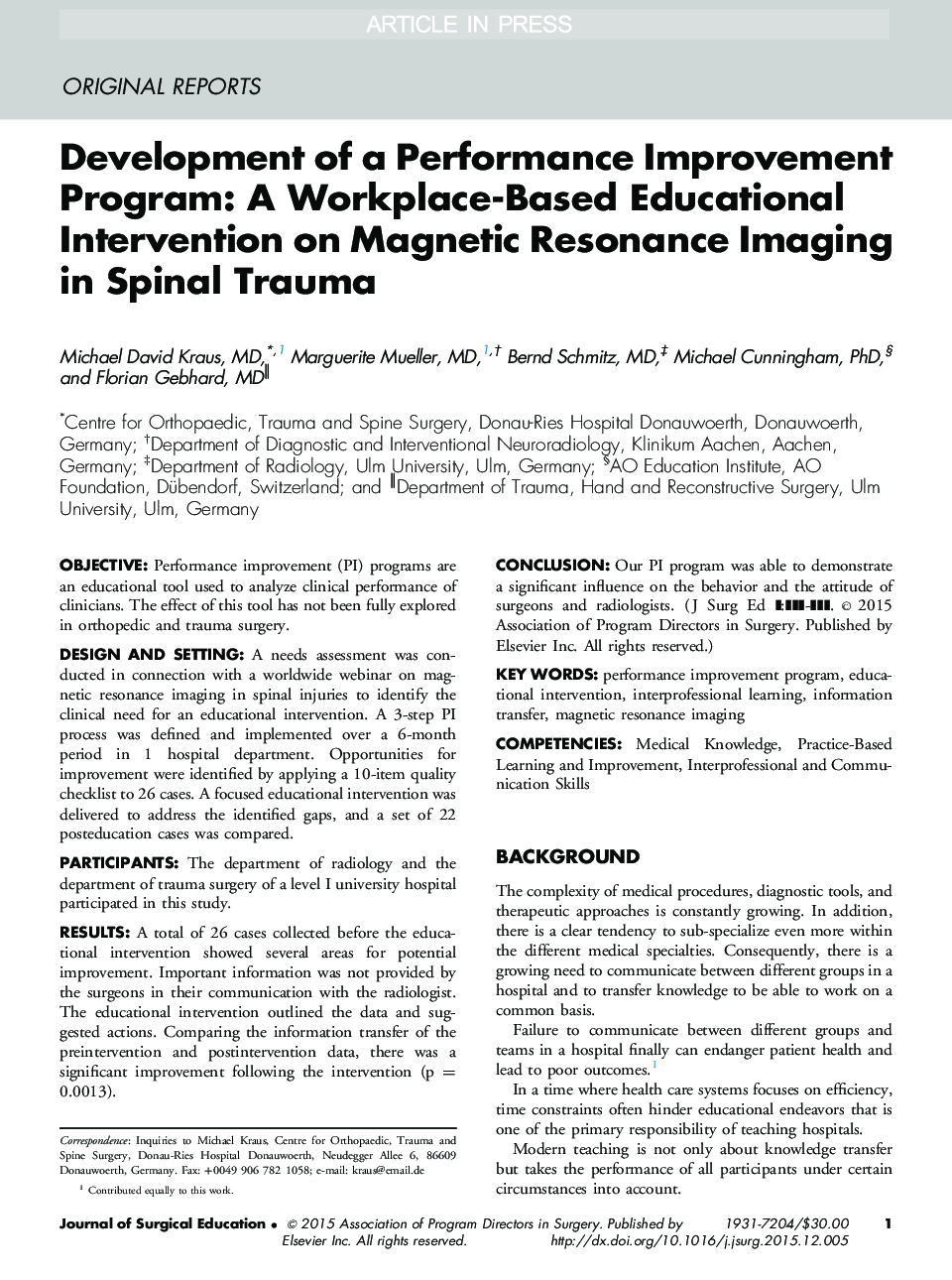 Development of a Performance Improvement Program: A Workplace-Based Educational Intervention on Magnetic Resonance Imaging in Spinal Trauma