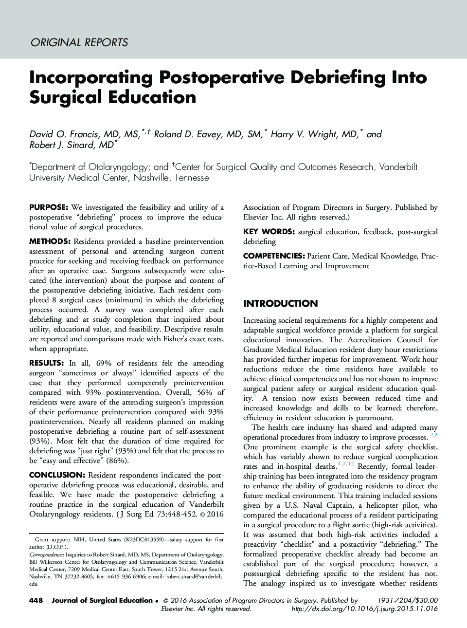 Incorporating Postoperative Debriefing Into Surgical Education
