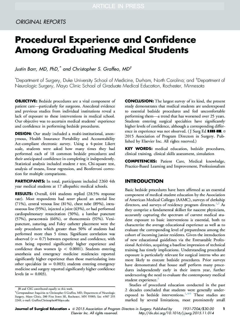 Procedural Experience and Confidence Among Graduating Medical Students