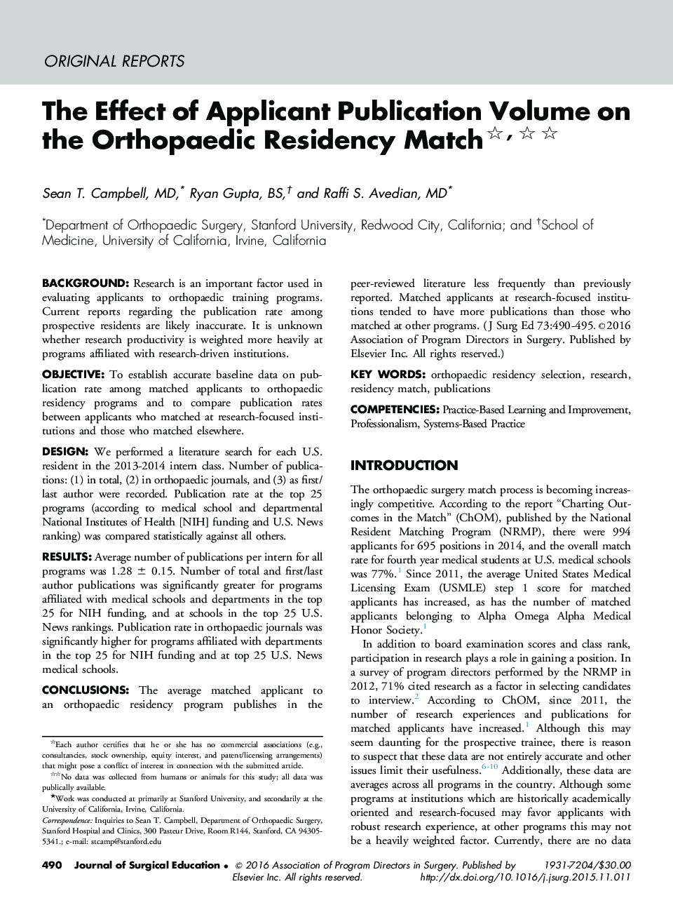 The Effect of Applicant Publication Volume on the Orthopaedic Residency Match