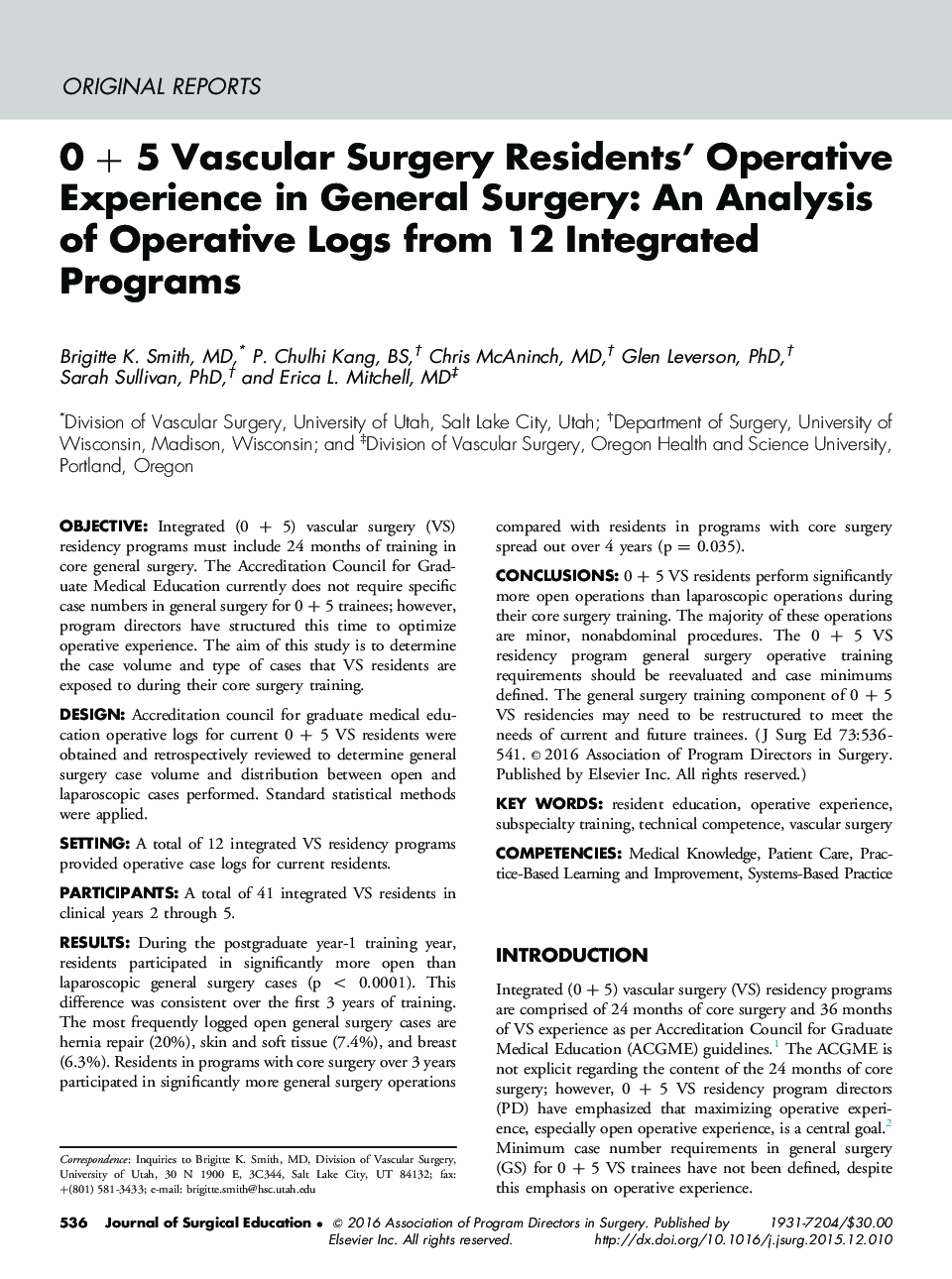 0 + 5 Vascular Surgery Residents' Operative Experience in General Surgery: An Analysis of Operative Logs from 12 Integrated Programs