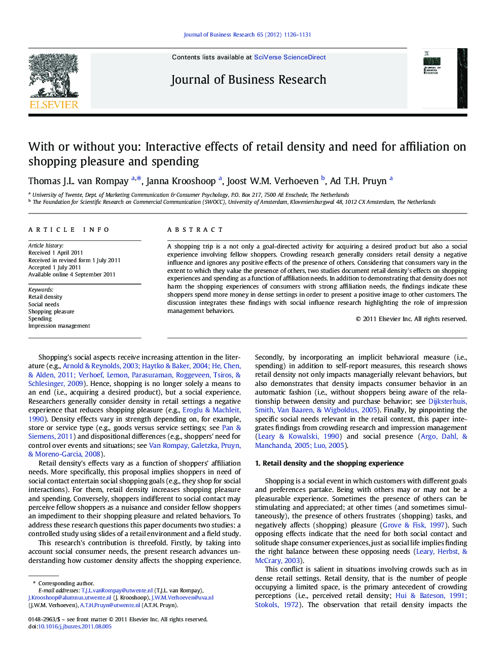 With or without you: Interactive effects of retail density and need for affiliation on shopping pleasure and spending