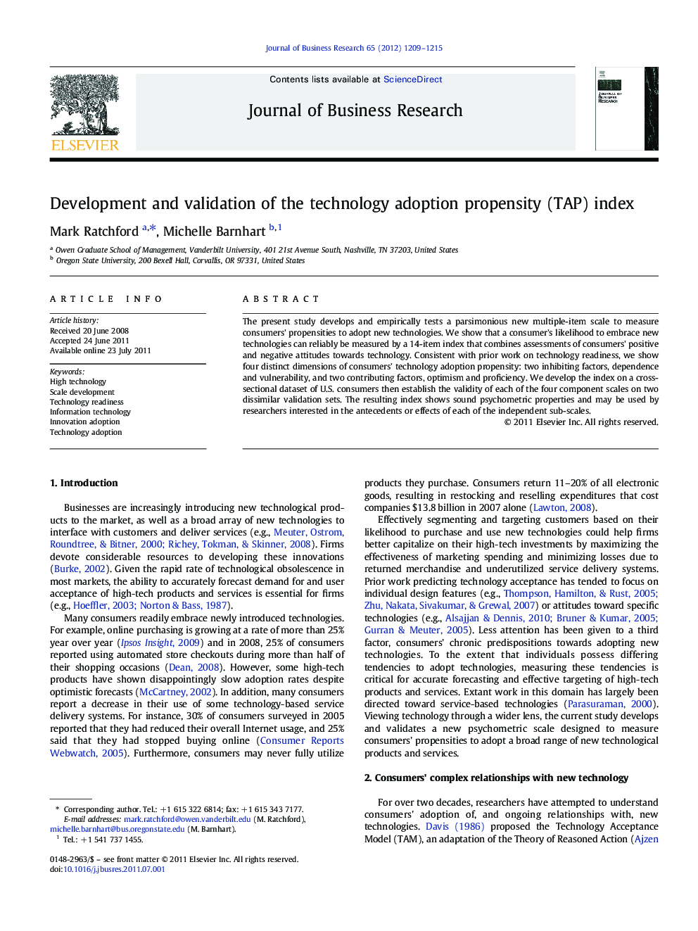 Development and validation of the technology adoption propensity (TAP) index