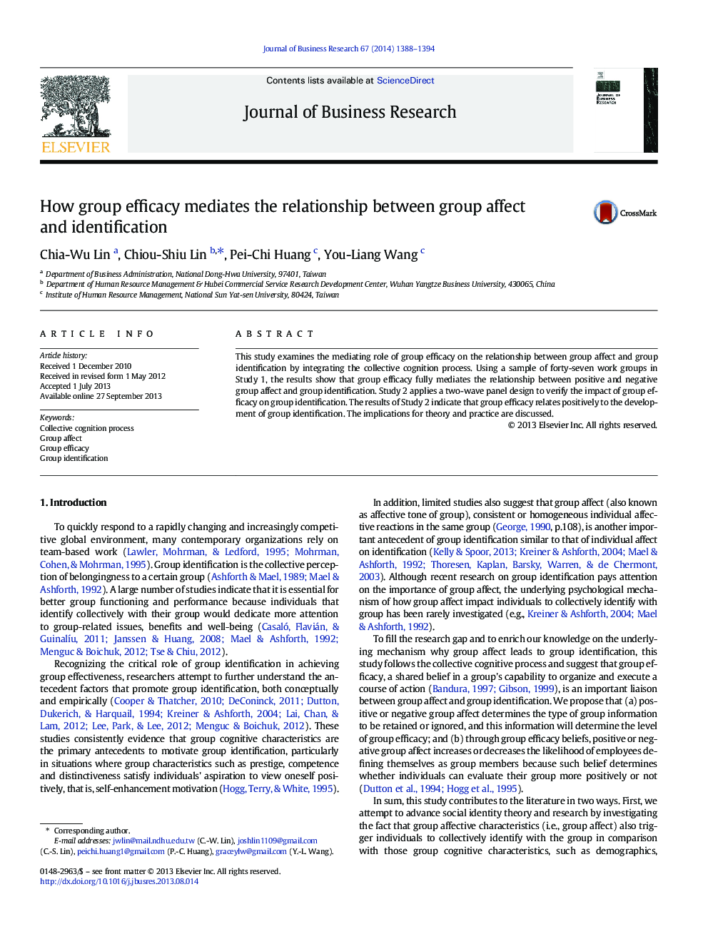 How group efficacy mediates the relationship between group affect and identification