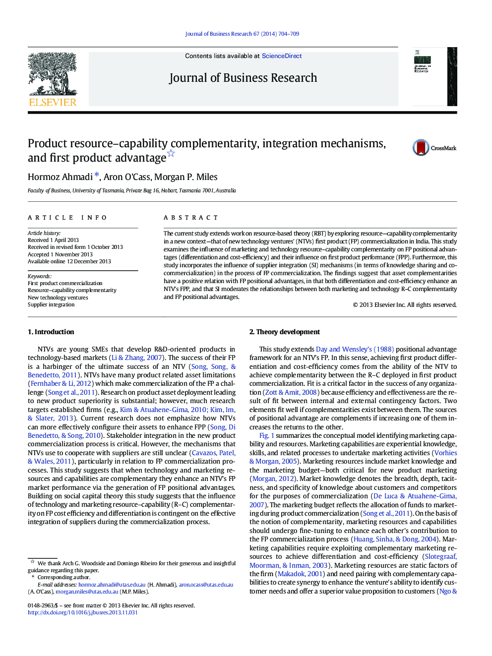 Product resource–capability complementarity, integration mechanisms, and first product advantage 