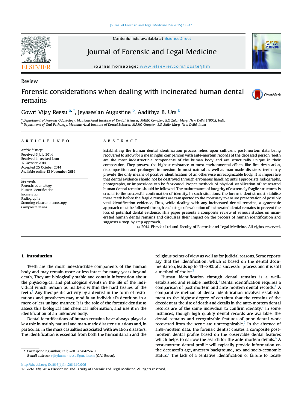 Forensic considerations when dealing with incinerated human dental remains