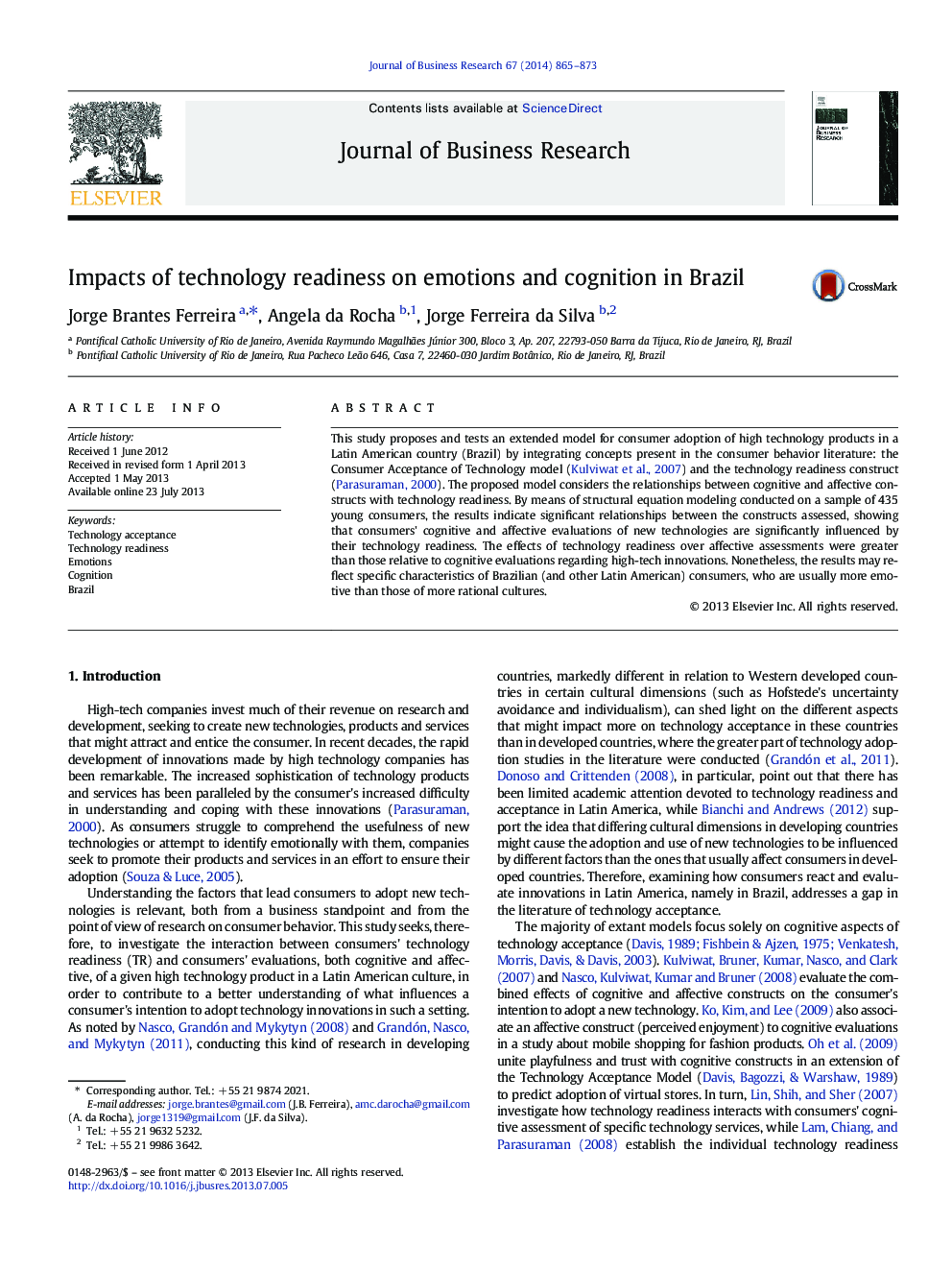 Impacts of technology readiness on emotions and cognition in Brazil