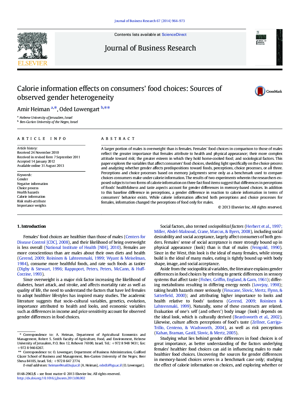 Calorie information effects on consumers' food choices: Sources of observed gender heterogeneity