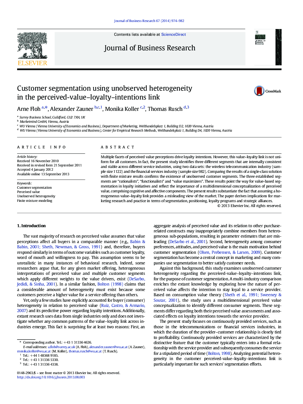 Customer segmentation using unobserved heterogeneity in the perceived-value–loyalty–intentions link