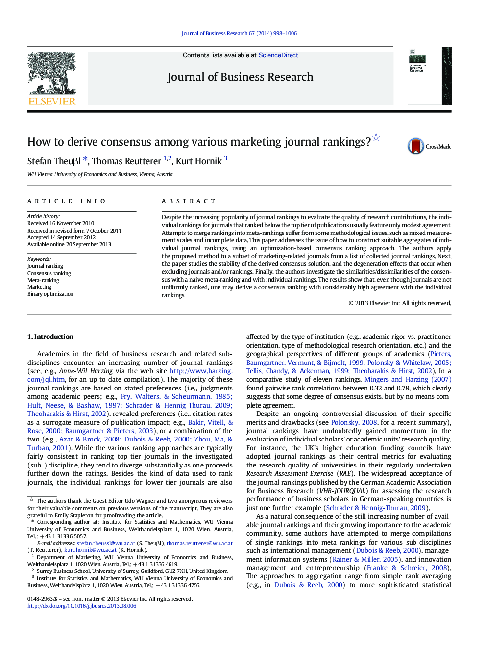 How to derive consensus among various marketing journal rankings? 