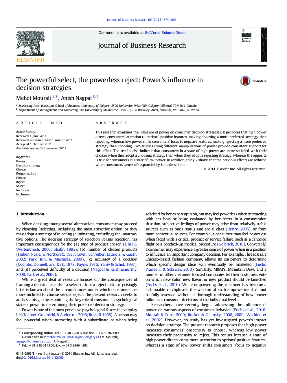 The powerful select, the powerless reject: Power's influence in decision strategies
