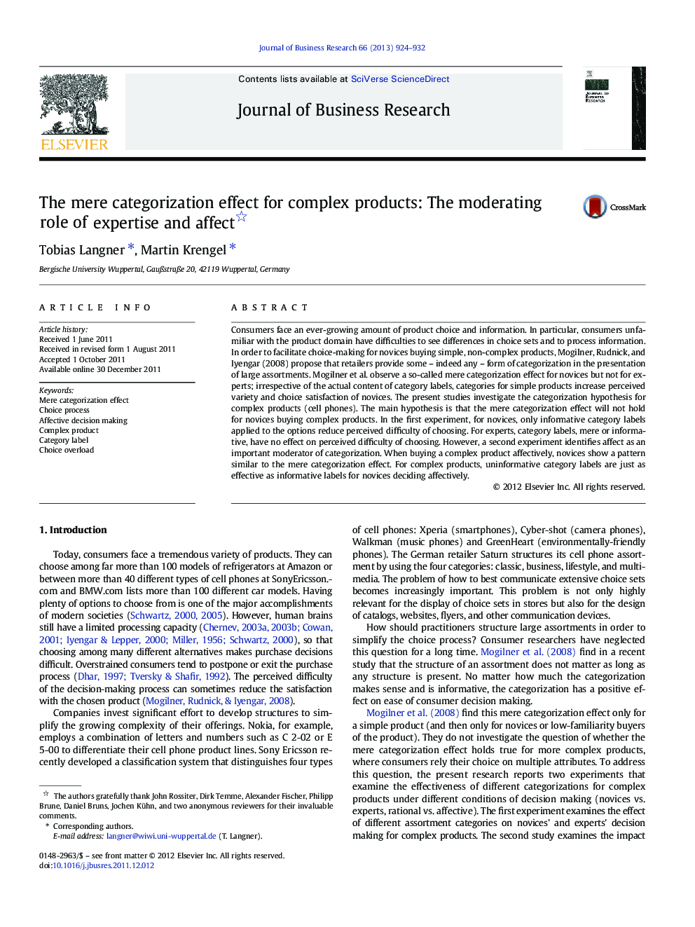 The mere categorization effect for complex products: The moderating role of expertise and affect 