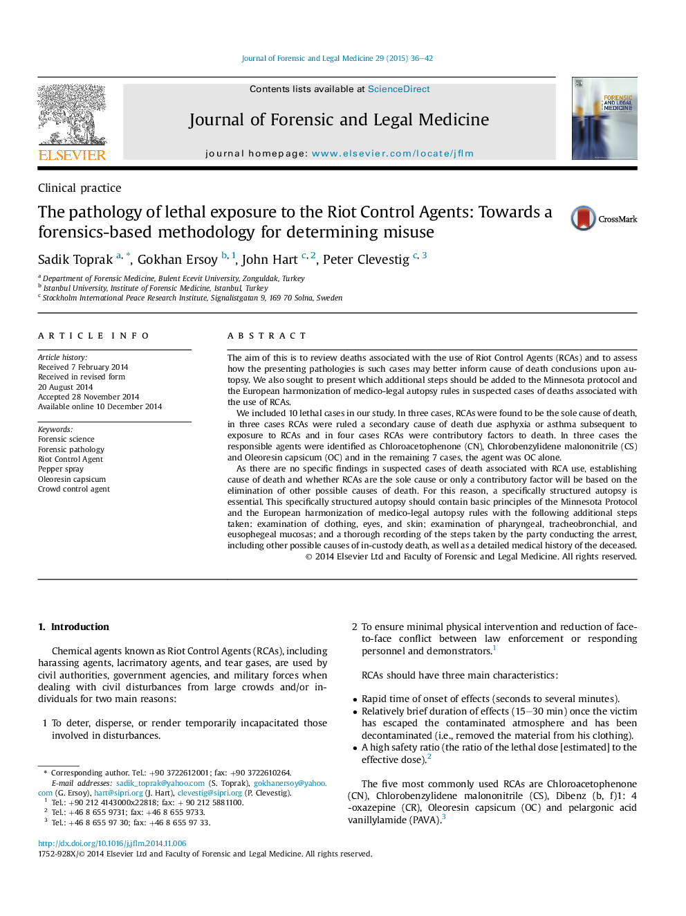 The pathology of lethal exposure to the Riot Control Agents: Towards a forensics-based methodology for determining misuse