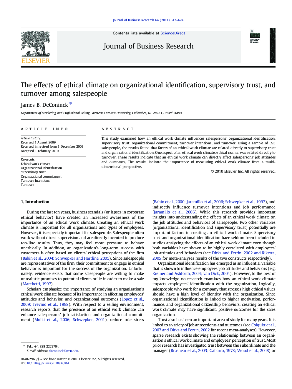 The effects of ethical climate on organizational identification, supervisory trust, and turnover among salespeople