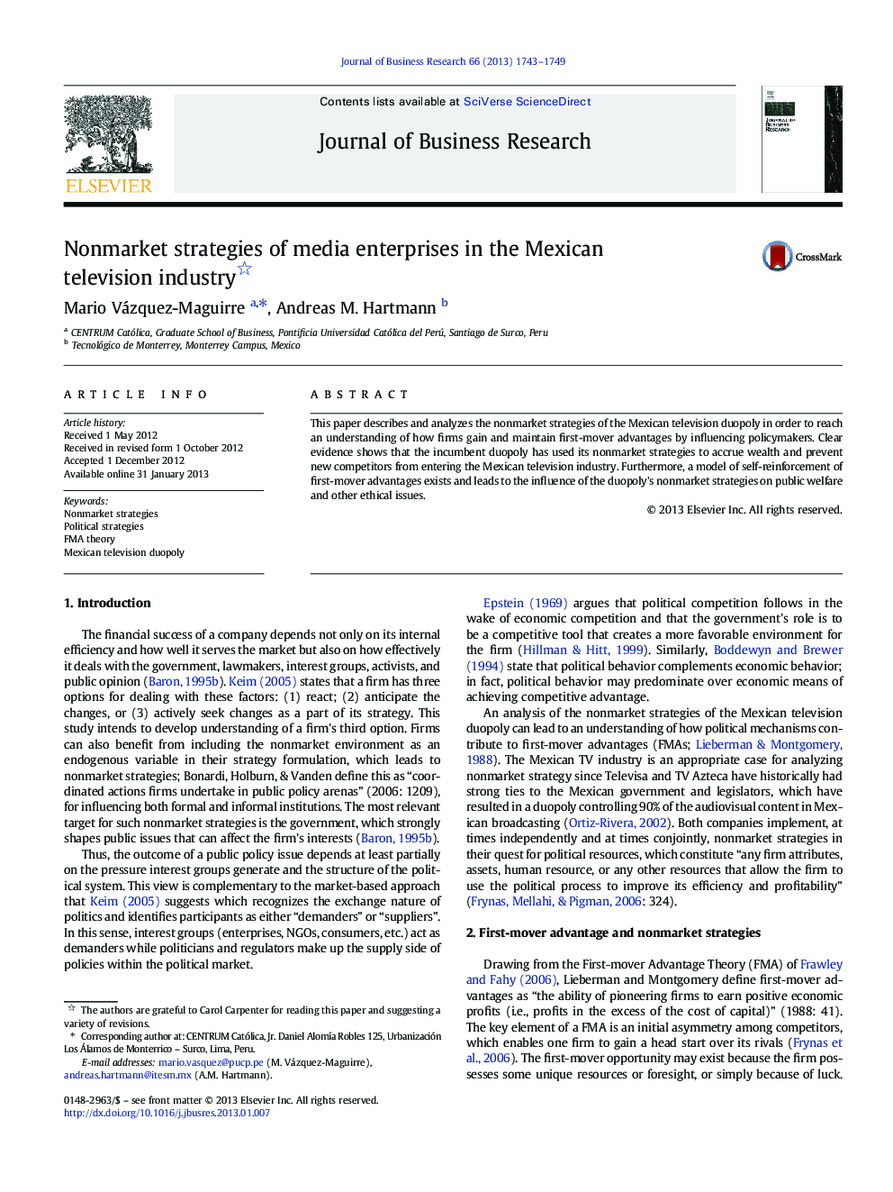 Nonmarket strategies of media enterprises in the Mexican television industry 