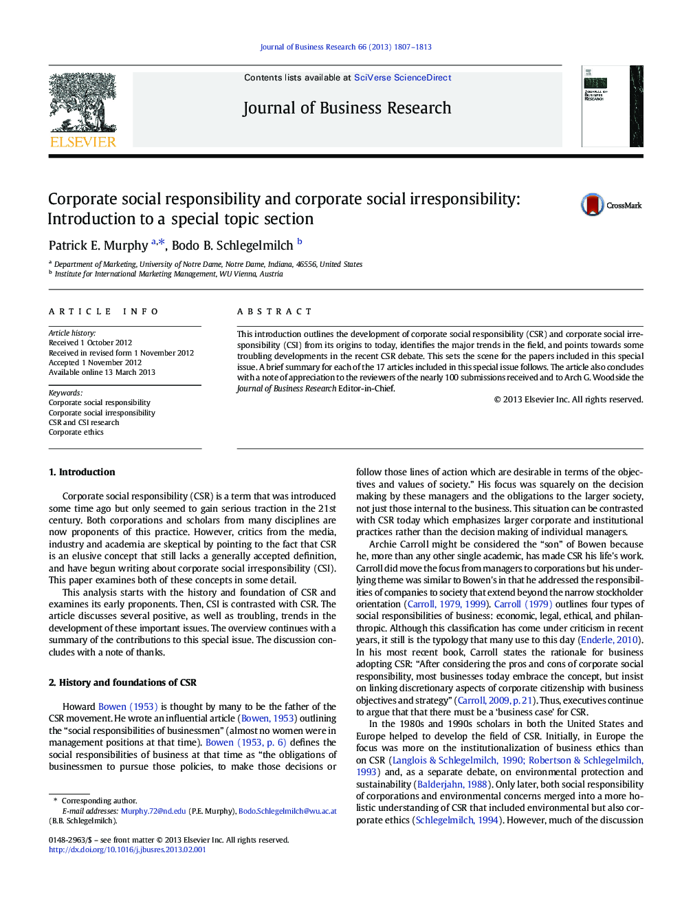 Corporate social responsibility and corporate social irresponsibility: Introduction to a special topic section