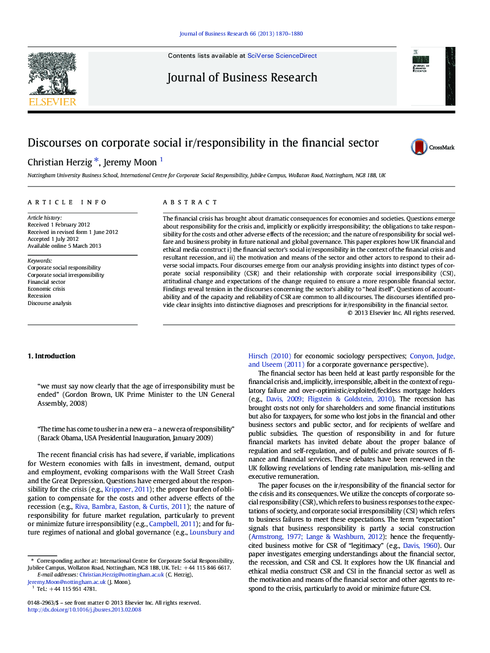 Discourses on corporate social ir/responsibility in the financial sector