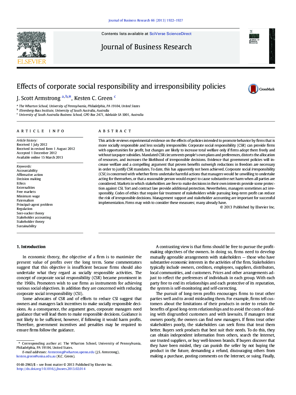 Effects of corporate social responsibility and irresponsibility policies