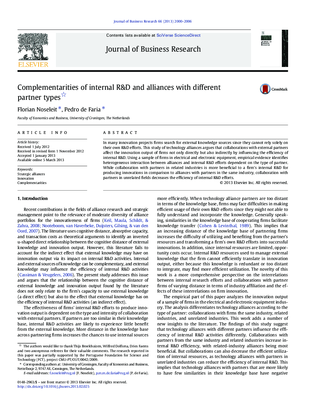 Complementarities of internal R&D and alliances with different partner types 