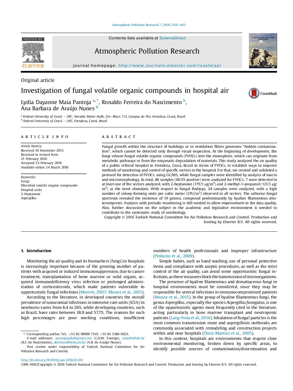 Investigation of fungal volatile organic compounds in hospital air