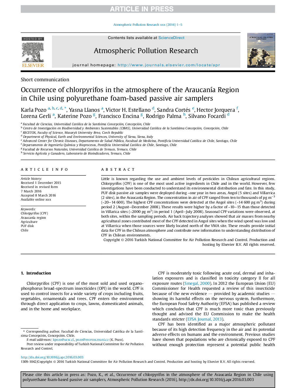 Occurrence of chlorpyrifos in the atmosphere of the AraucanÃ­a Region in Chile using polyurethane foam-based passive air samplers