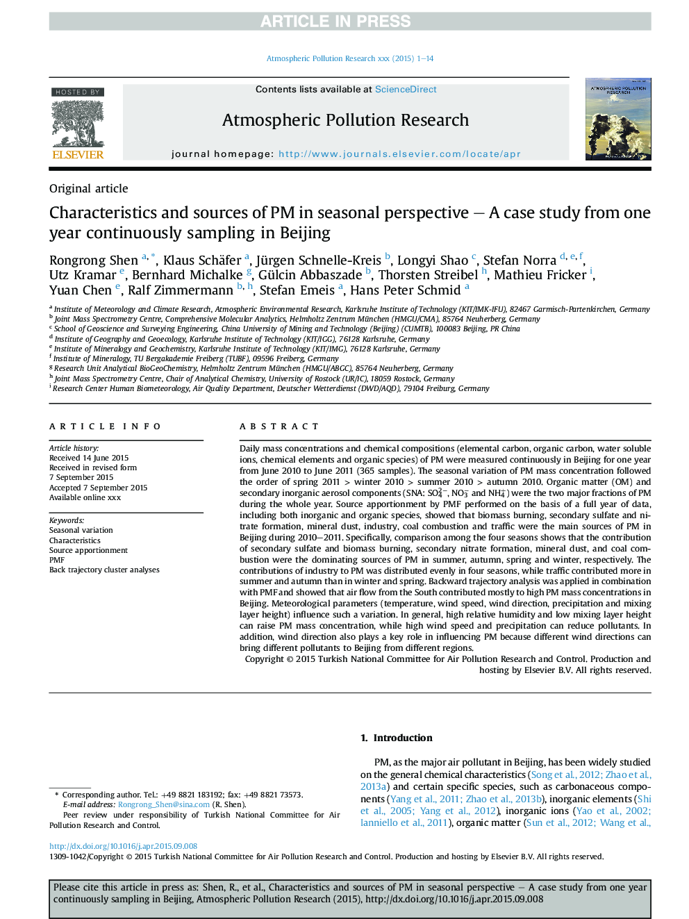 Characteristics and sources of PM in seasonal perspective - A case study from one year continuously sampling in Beijing