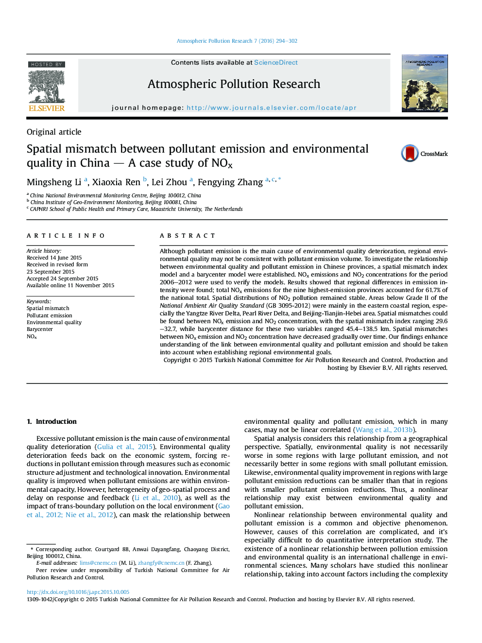 Spatial mismatch between pollutant emission and environmental quality in China - A case study of NOx