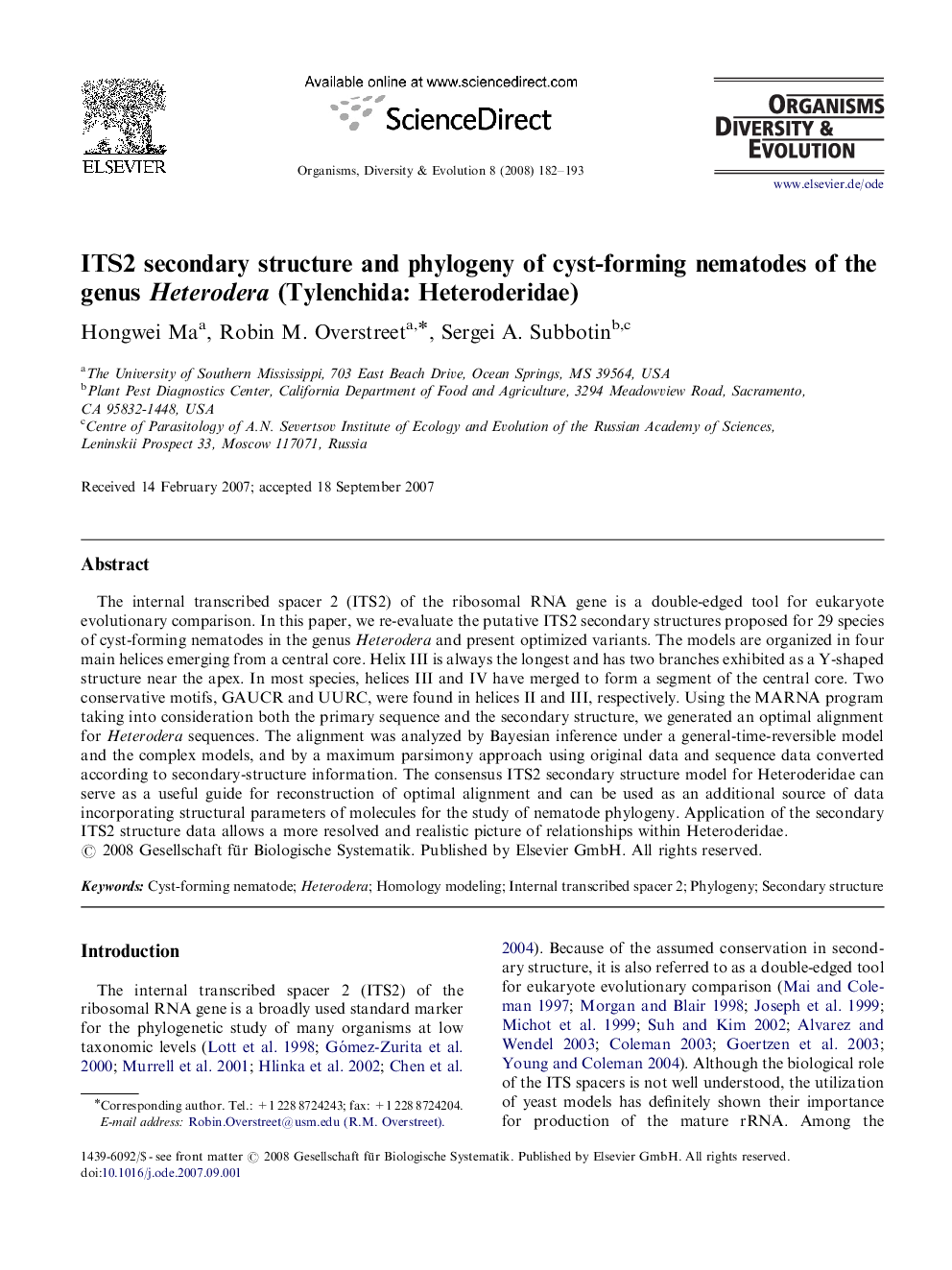 ITS2 secondary structure and phylogeny of cyst-forming nematodes of the genus Heterodera (Tylenchida: Heteroderidae)